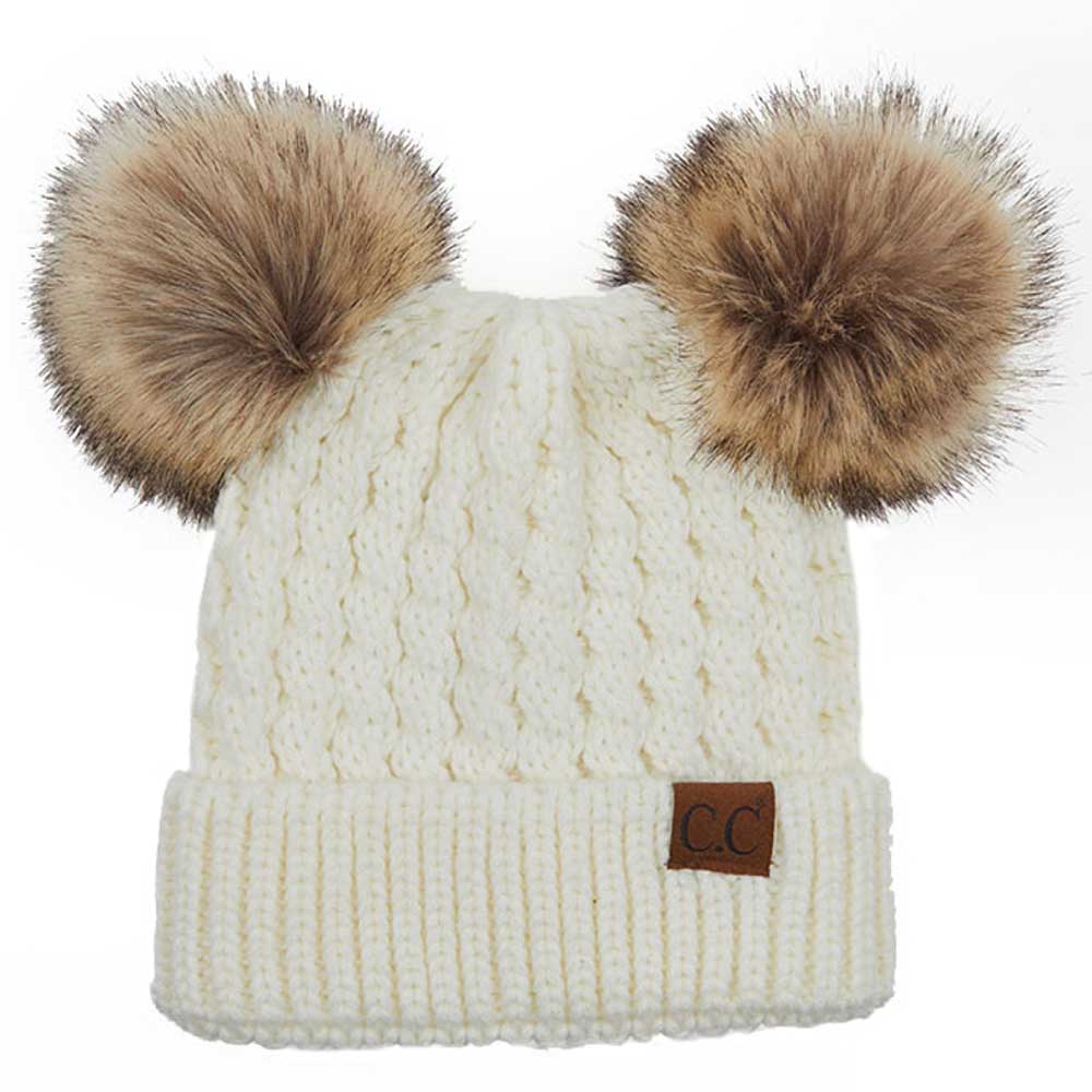 Double Pom Cable Knit Beanie
